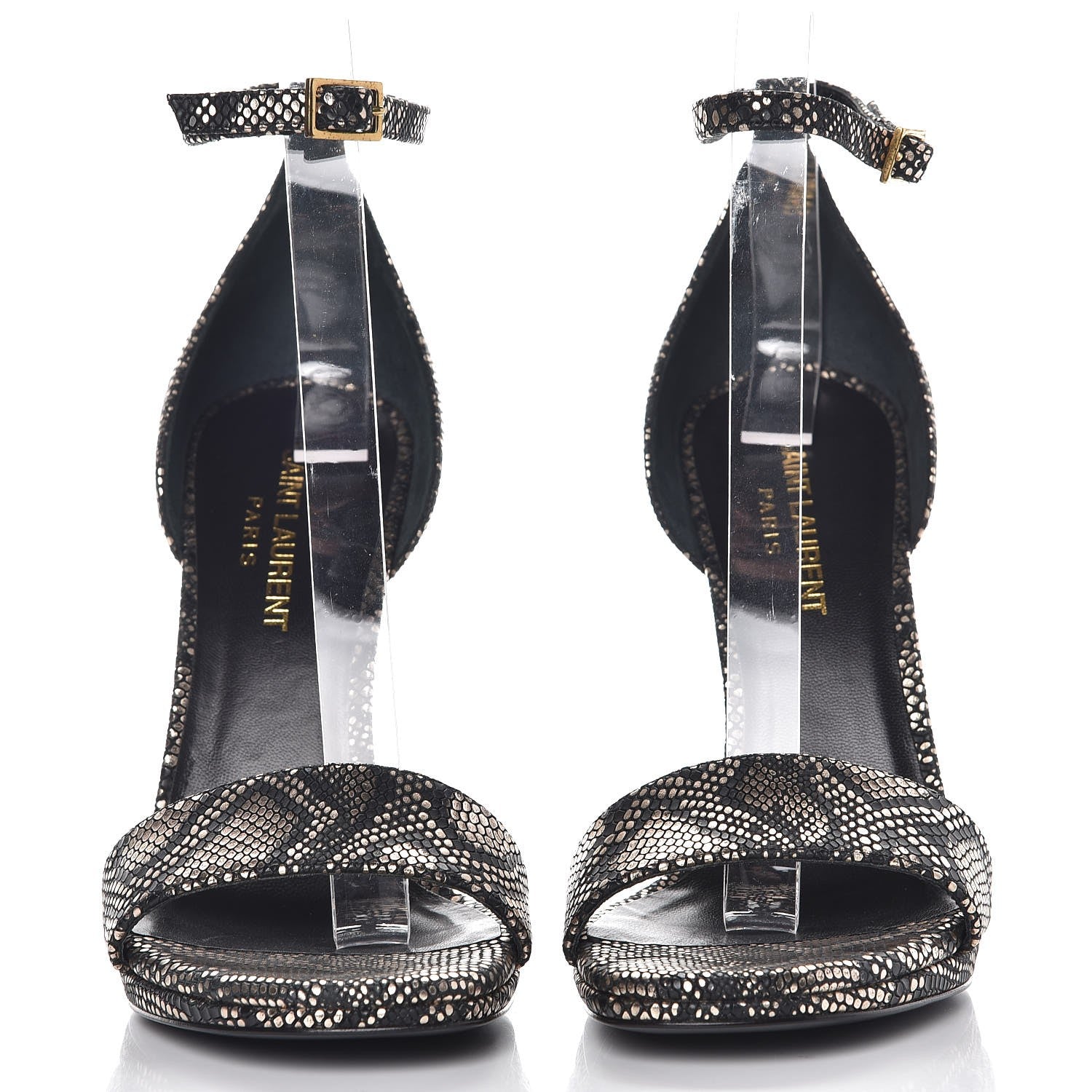 Saint Laurent Metallic Python Calfskin Embossed Disco Jane 105 Ankle Strap Sandals 36.5 Black Gold 2 of 8