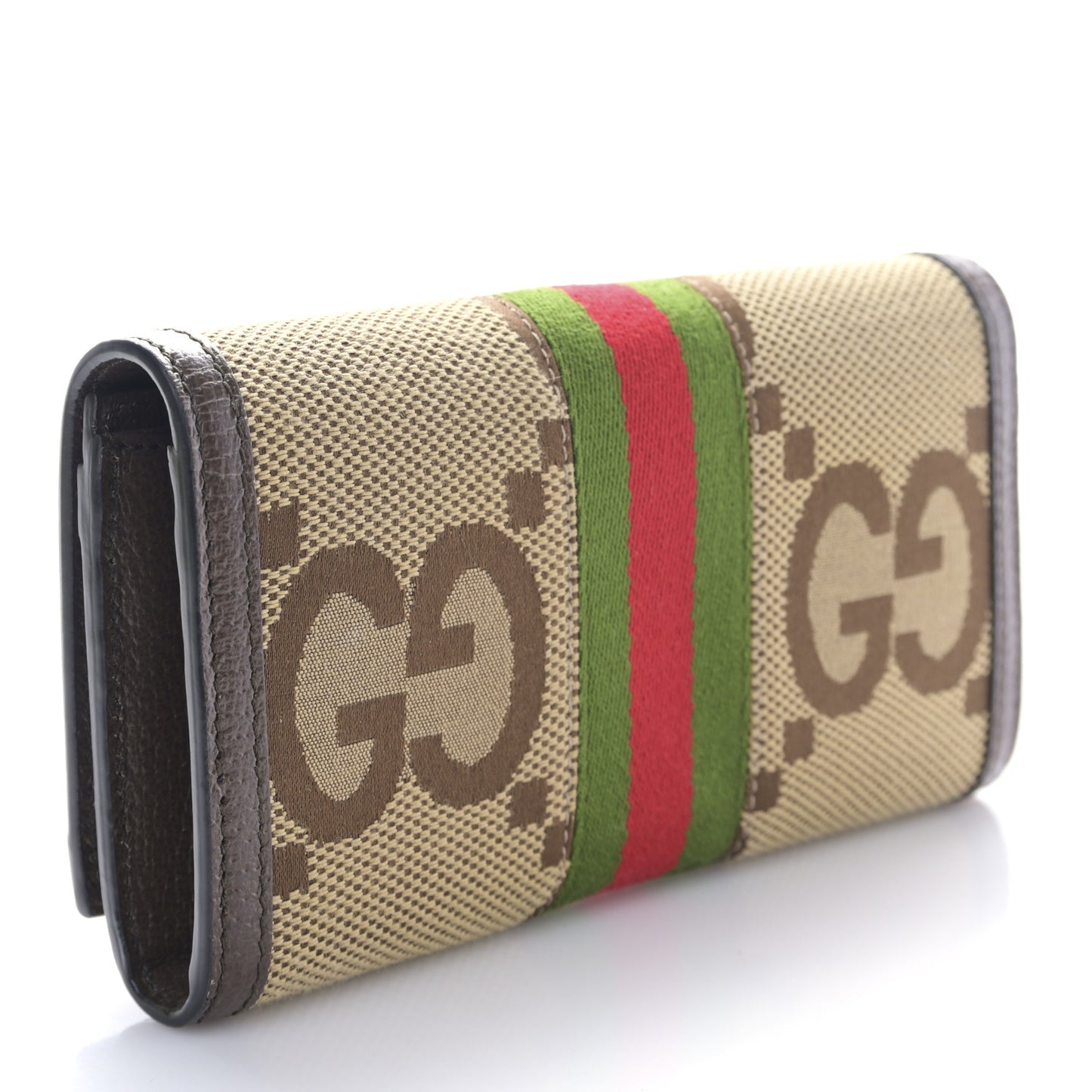 Monogram Jumbo GG Textured Dollar Calfskin Web Ophidia Continental Wallet Camel Ebony New Acero