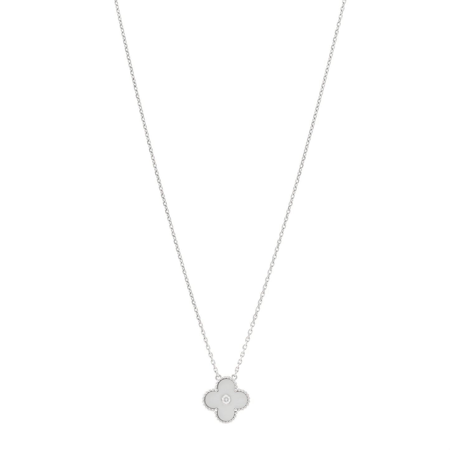 18K White Gold Diamond Mother of Pearl Vintage Alhambra Pendant Necklace