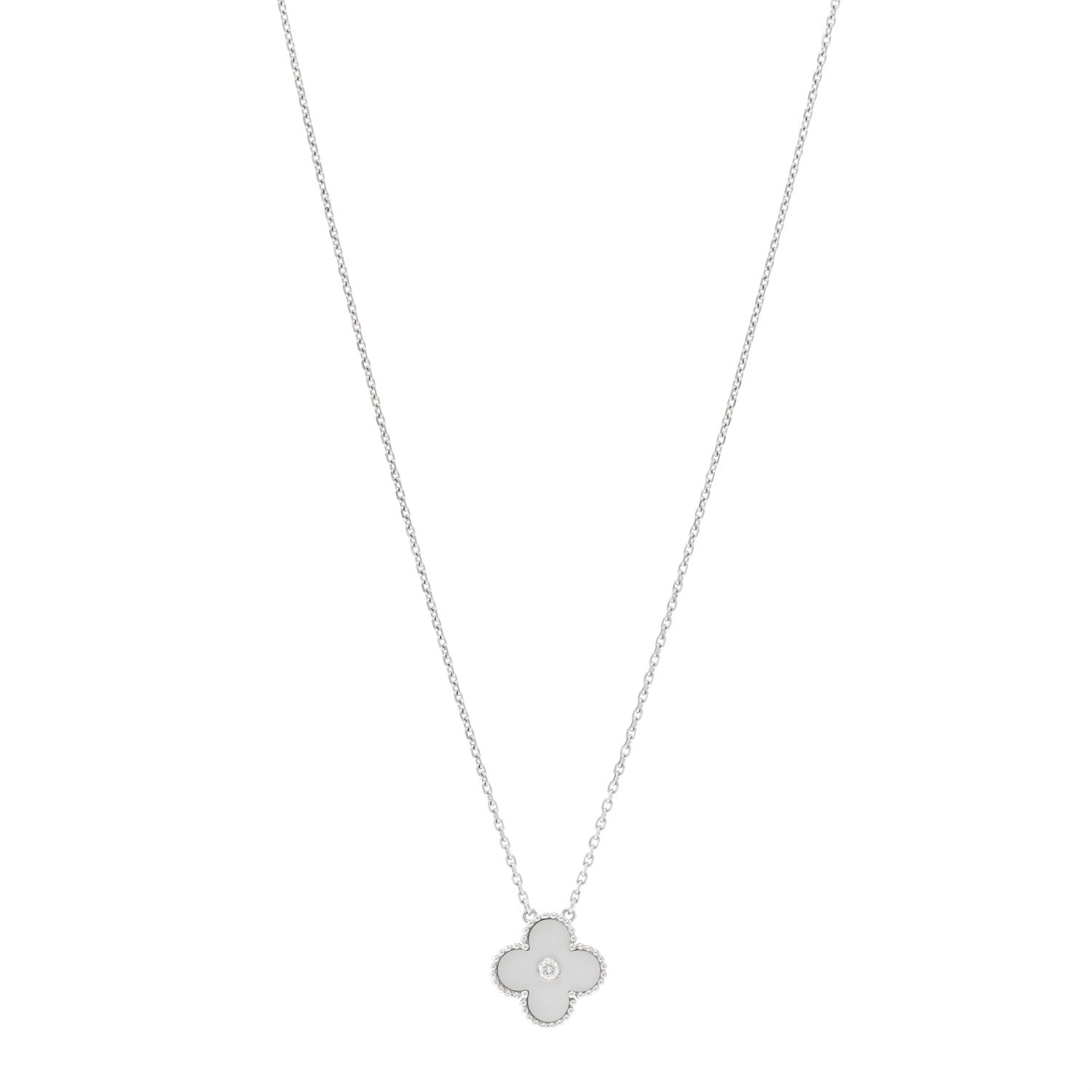 Van Cleef & Arpels 18K White Gold Diamond Mother of Pearl Vintage Alhambra Pendant Necklace 1 of 5