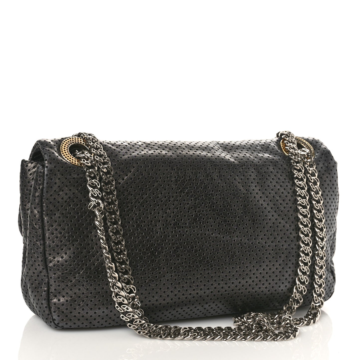 Metallic Crackled Calfskin Large Perforated Drill Flap Black