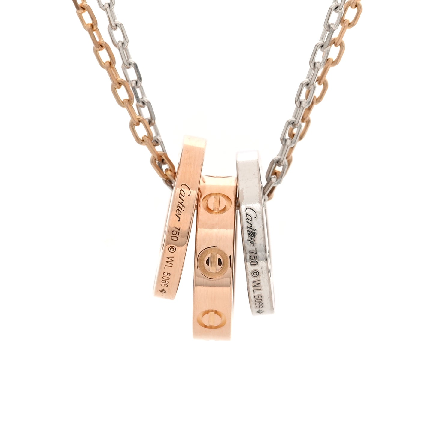18K White Pink Gold Diamond Three Ring LOVE Pendant Necklace