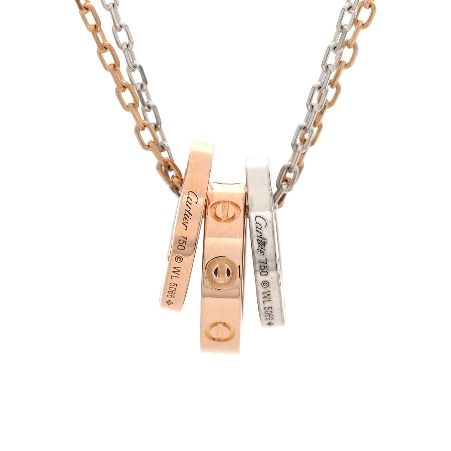 Cartier 18K White Pink Gold Diamond Three Ring LOVE Pendant Necklace 4 of 5