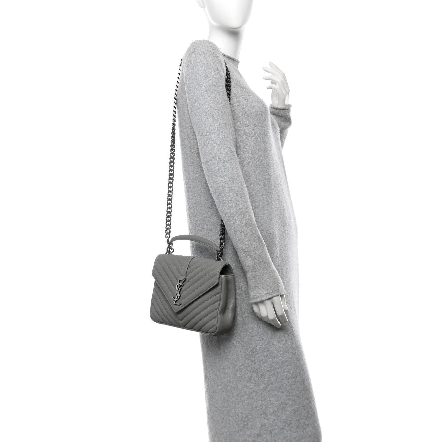 Saint Laurent Sheepskin Matelasse Chevron Monogram Medium College Bag Granite 2 of 14