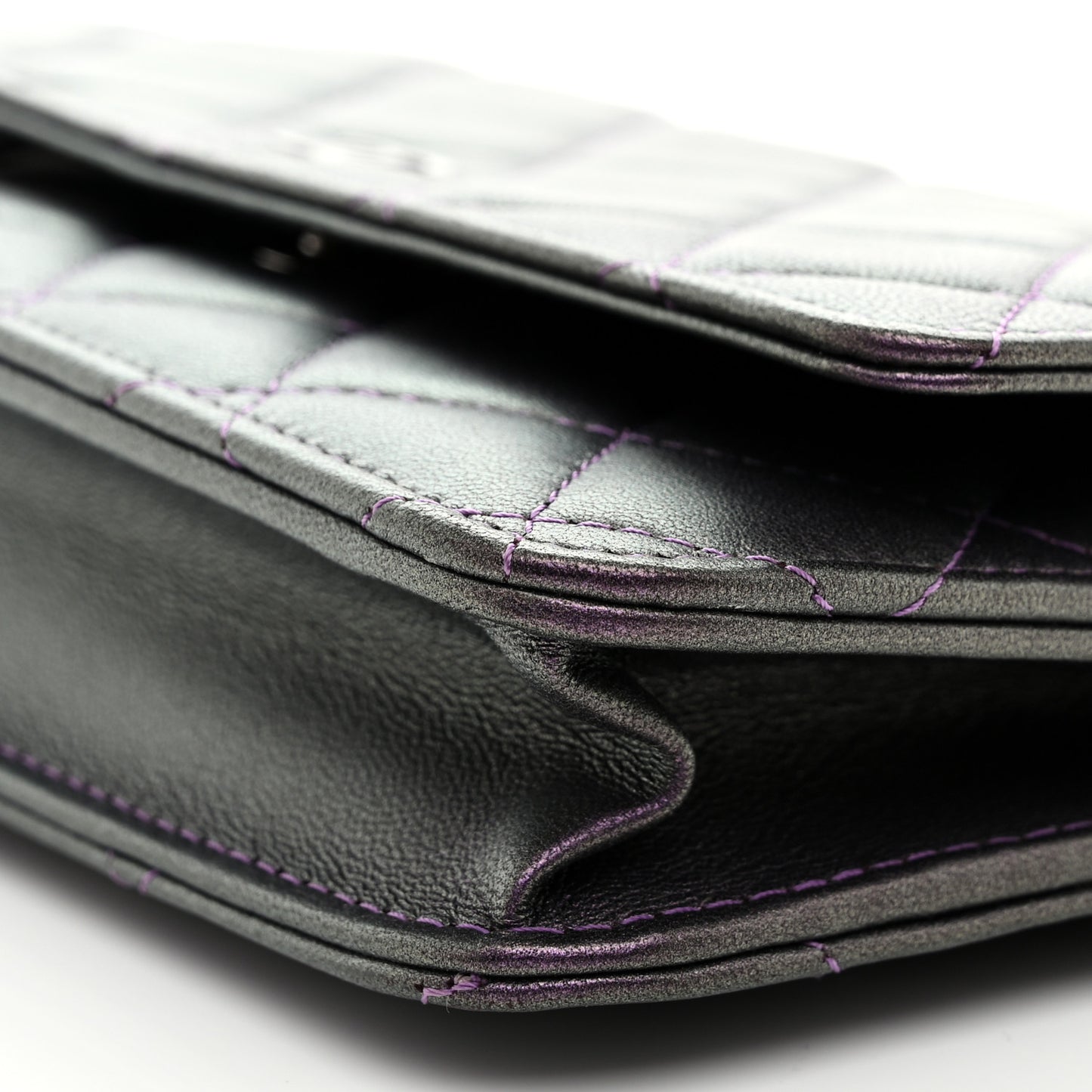Iridescent Lambskin Quilted Wallet On Chain WOC Dark Purple