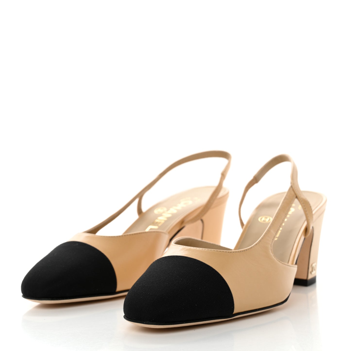Goatskin Grosgrain Cap Toe CC Slingback Pumps 37.5 Beige Black