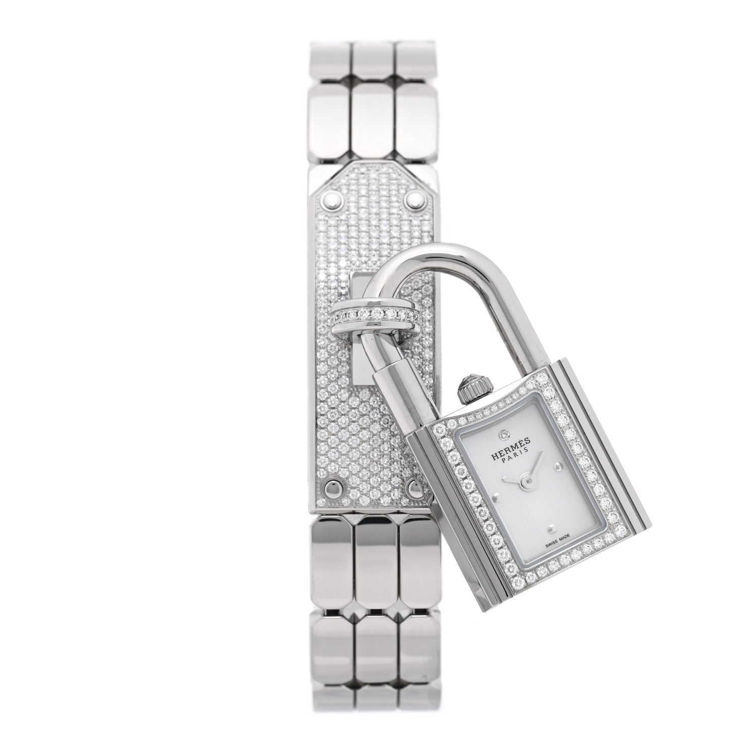 Hermes Stainless Steel Diamond Pave 16mm Kelly Quartz Watch 1 of 6