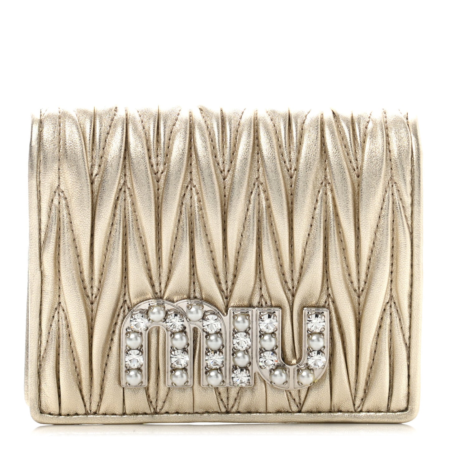 Metallic Nappa Matelasse Crystal Pearl Logo Compact Wallet Gold