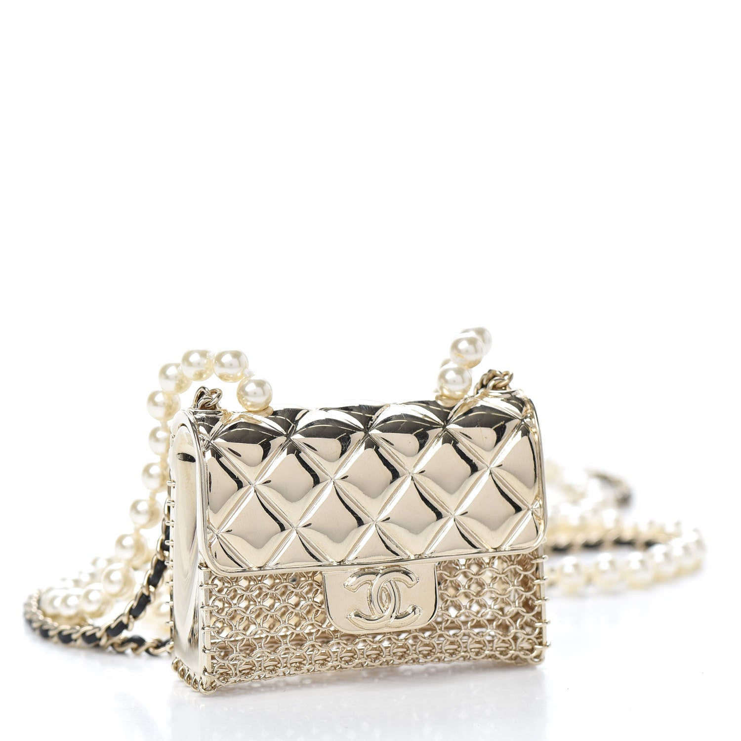 Chanel Metal Lambskin Pearl Chain Flap Bag Long Necklace Gold Black Pearly White 4 of 6
