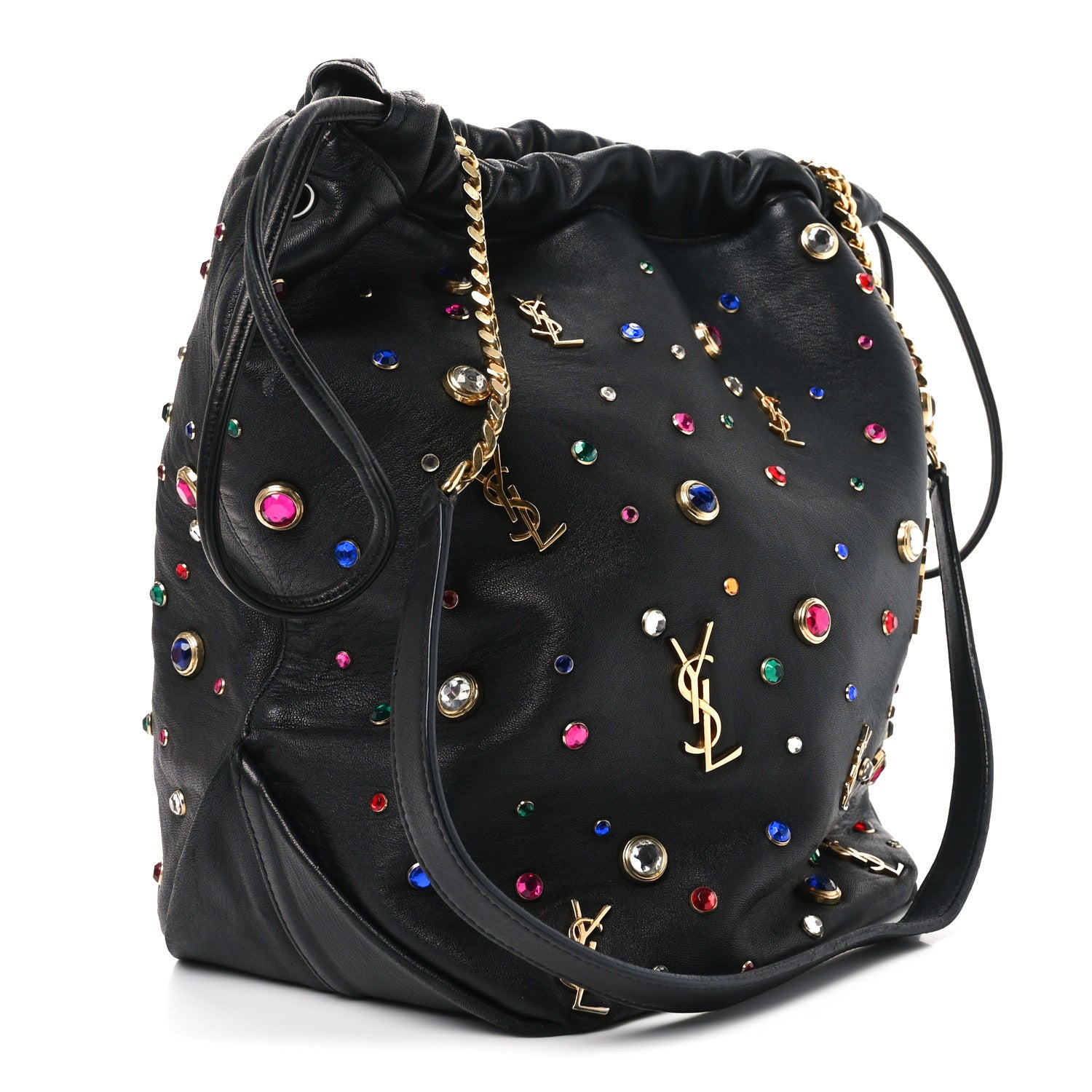 Saint Laurent Lambskin Charm Studded Teddy Drawstring Bag Black 3 of 10
