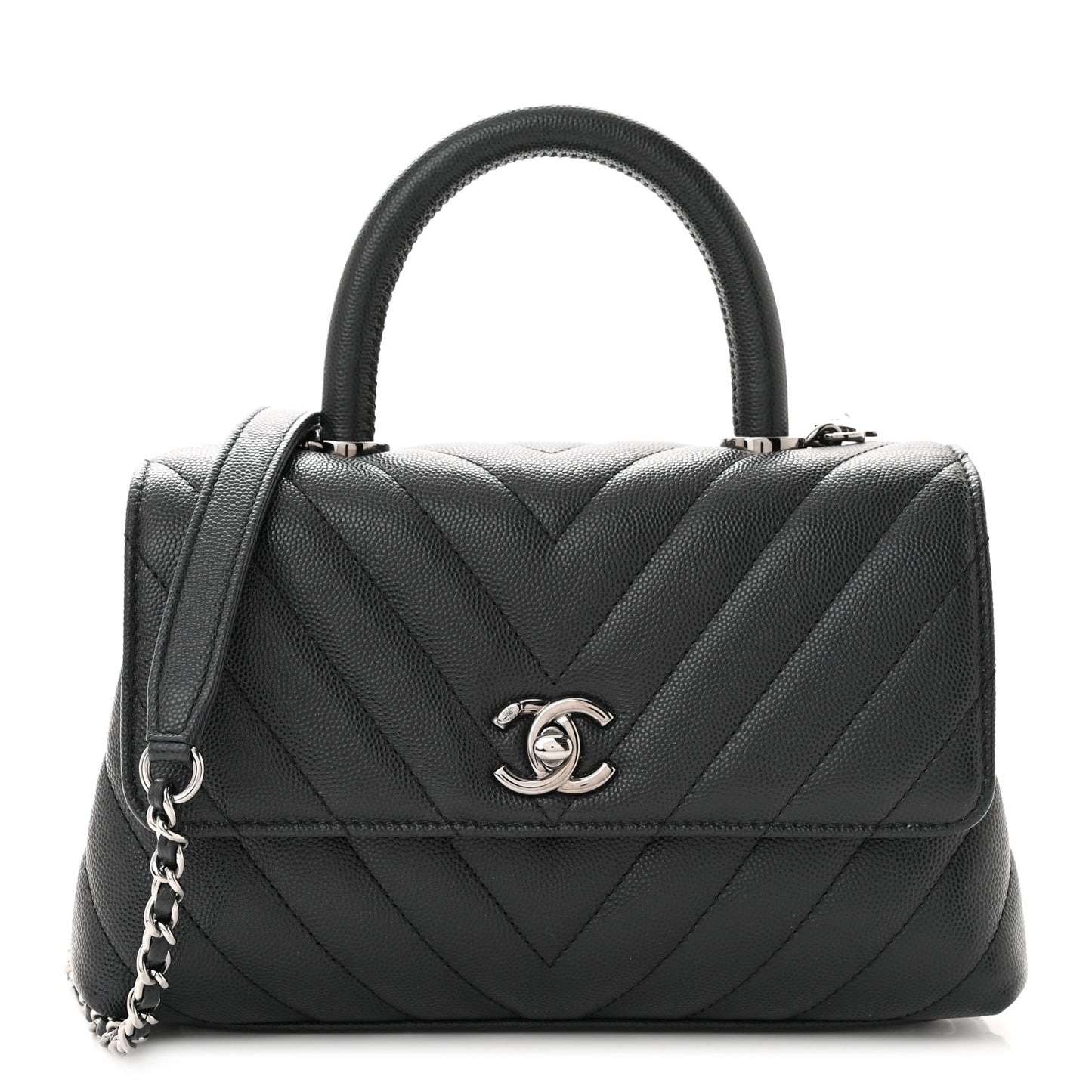 Caviar Chevron Quilted Mini Coco Handle Flap Dark Grey