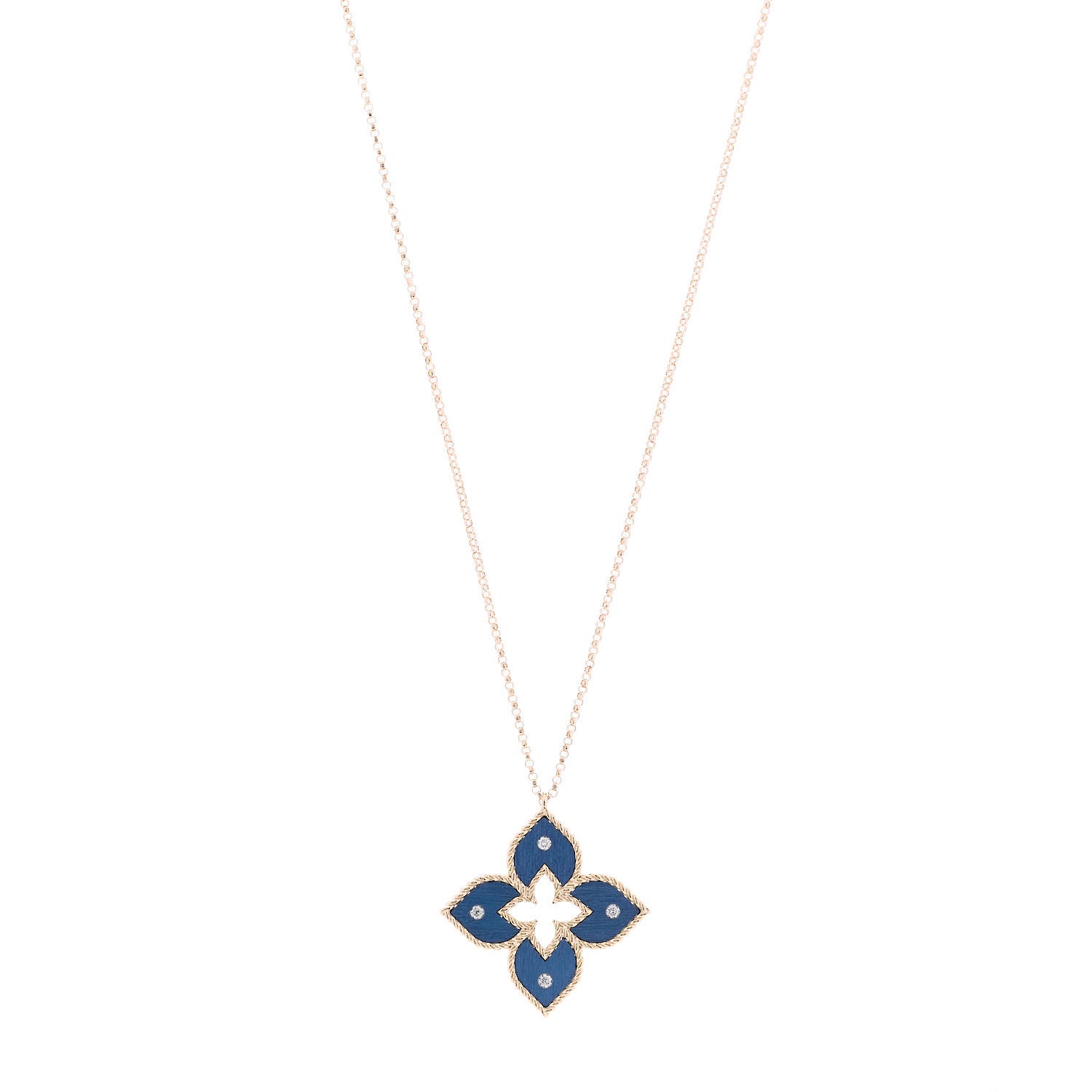 Roberto Coin 18K Rose Gold Diamond Blue Titanium Small Venetian Princess Flower Pendant Necklace 1 of 6