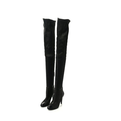 Chanel Calfskin Embossed Snakeskin Cap Toe CC Over The Knee Boots 39 Black 3 of 8