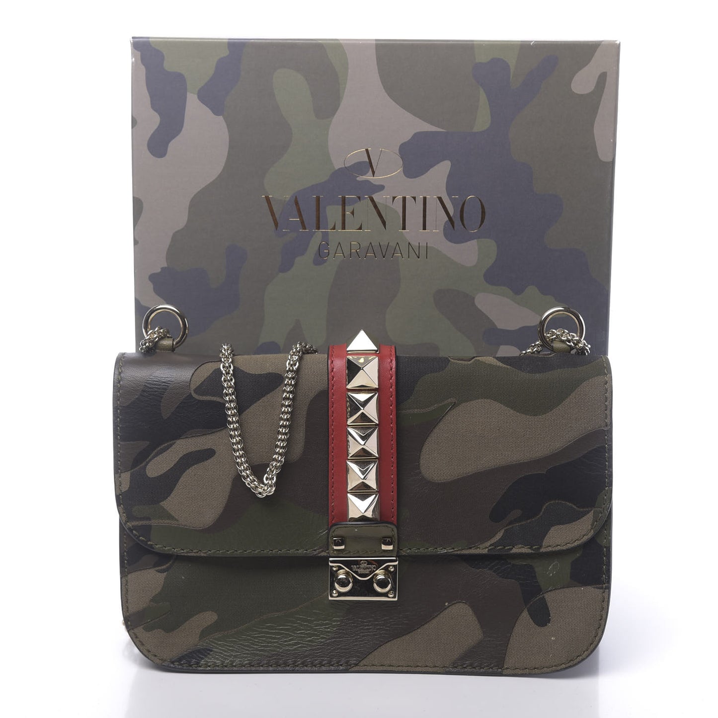 Nappa Canvas Camouflage Medium Glam Lock Rockstud Flap Verde