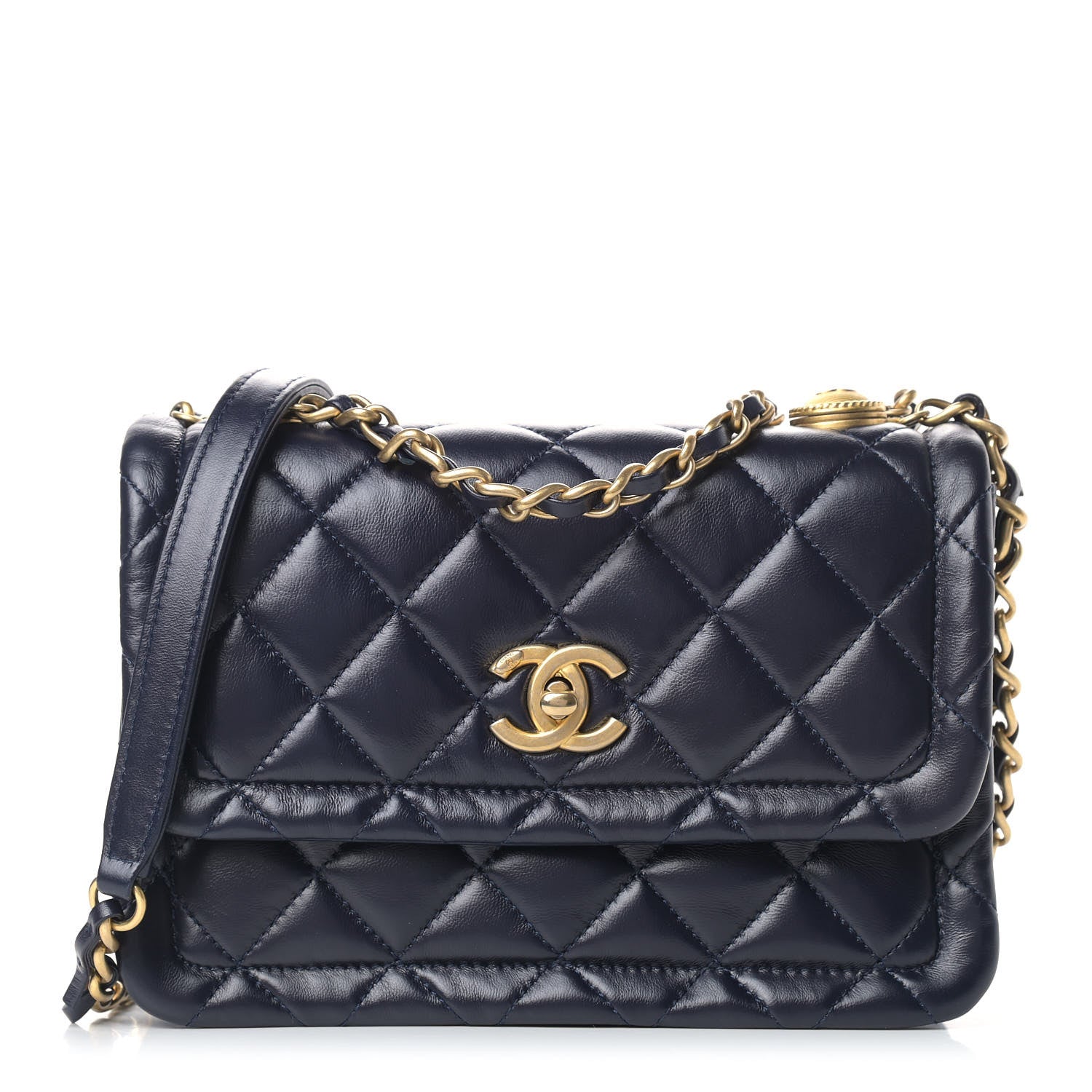 Chanel Shiny Lambskin Flap Clutch With Chain Bleu Marine 1 of 11