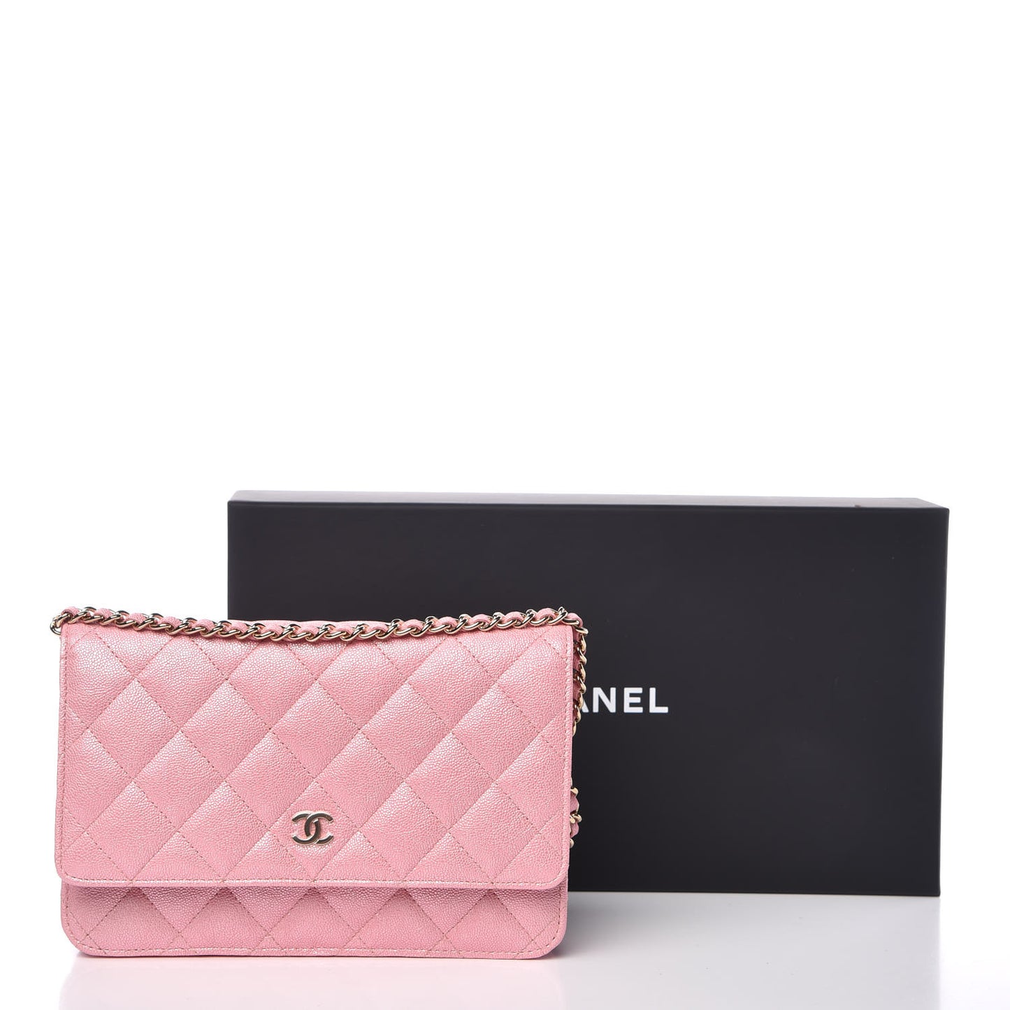 Iridescent Caviar Quilted Wallet on Chain WOC Rose Pink