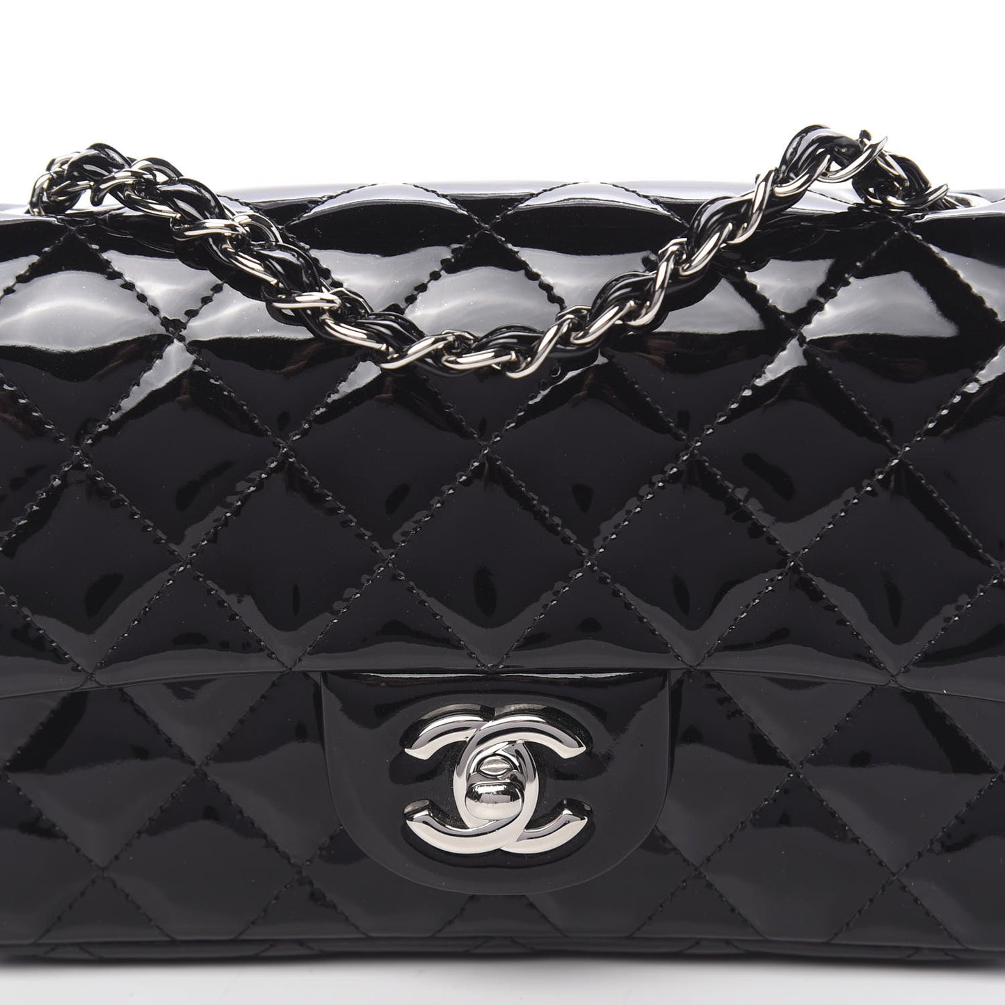 Patent Calfskin Quilted Mini Rectangular Flap Black