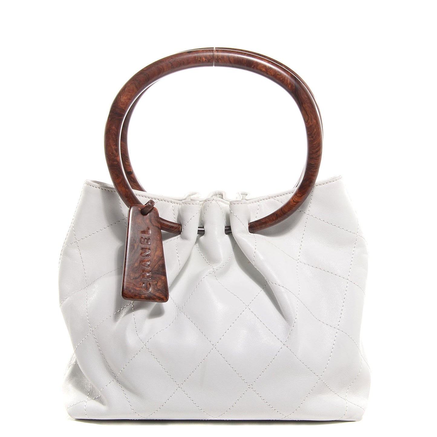 Lambskin Stitched Wood Handle Bag White