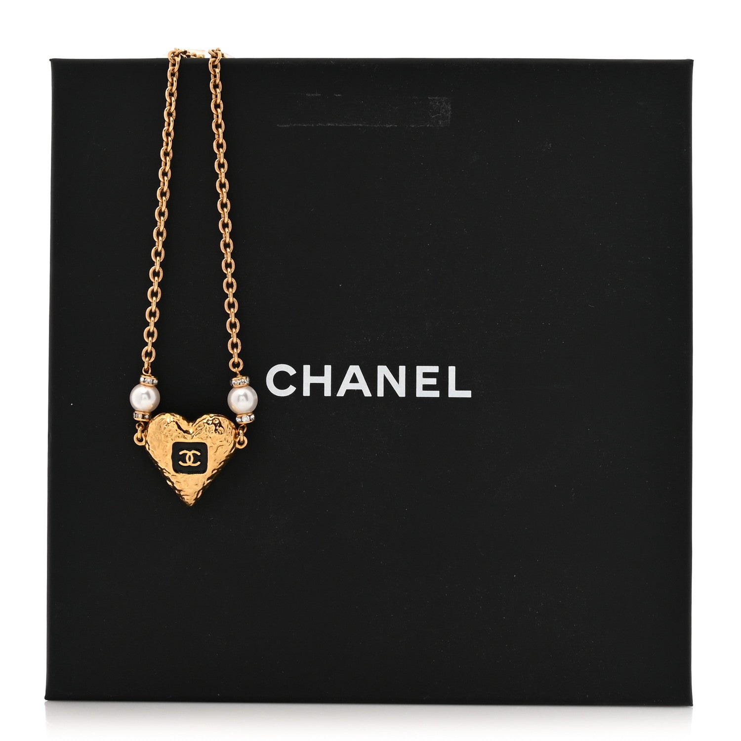 Chanel Resin Crystal Pearl Chain Heart CC Pendant Necklace Black White Gold 5 of 5