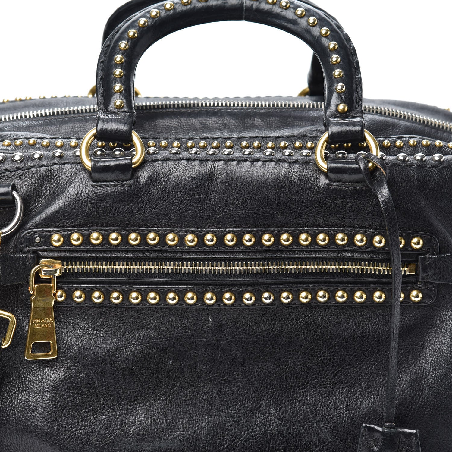 Prada Glace Calfskin Studded Tote Black 7 of 9
