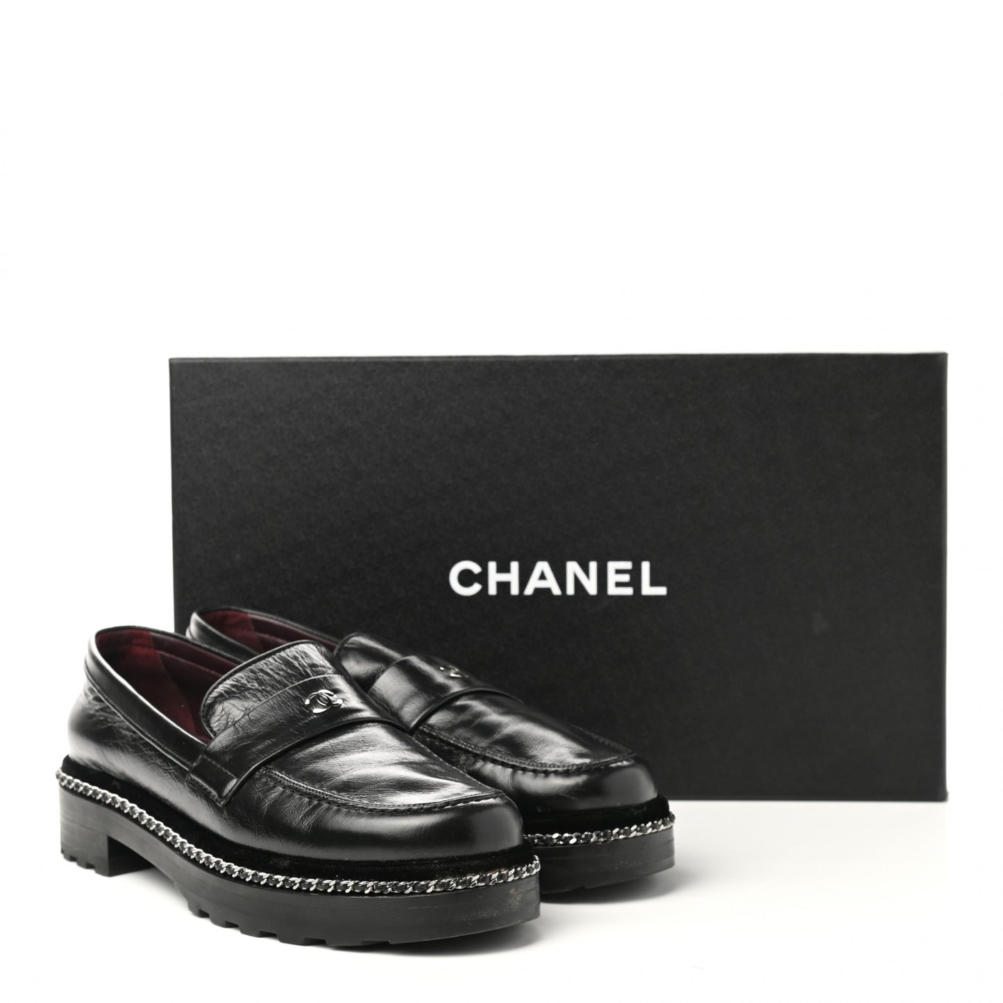 Crinkled Calfskin Velvet CC Chain Mocassin Loafers 38.5 Black