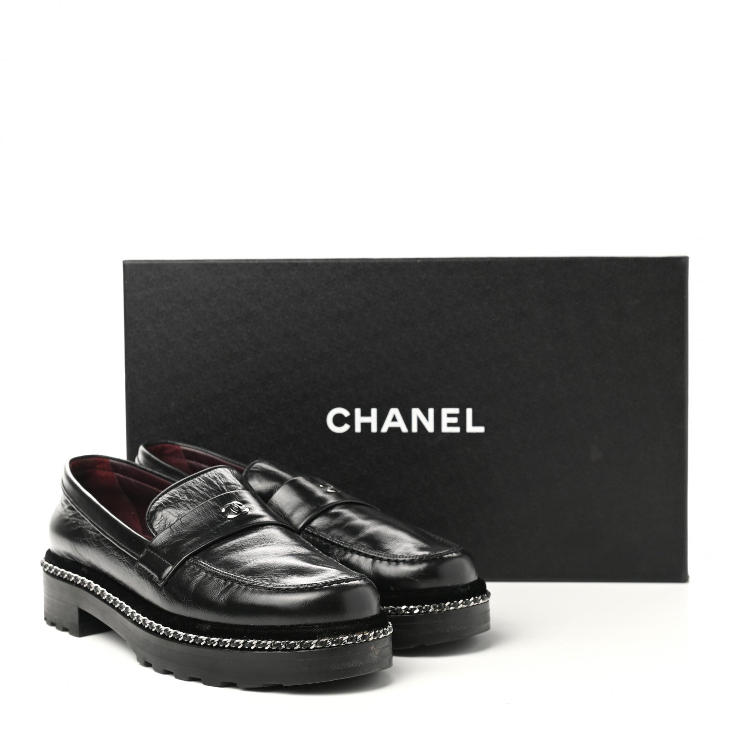 Chanel Crinkled Calfskin Velvet CC Chain Mocassin Loafers 38.5 Black 10 of 10