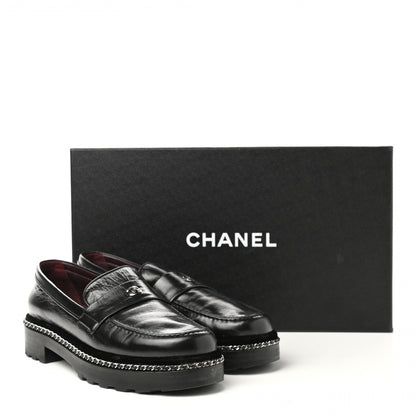 Chanel Crinkled Calfskin Velvet CC Chain Mocassin Loafers 38.5 Black 10 of 10
