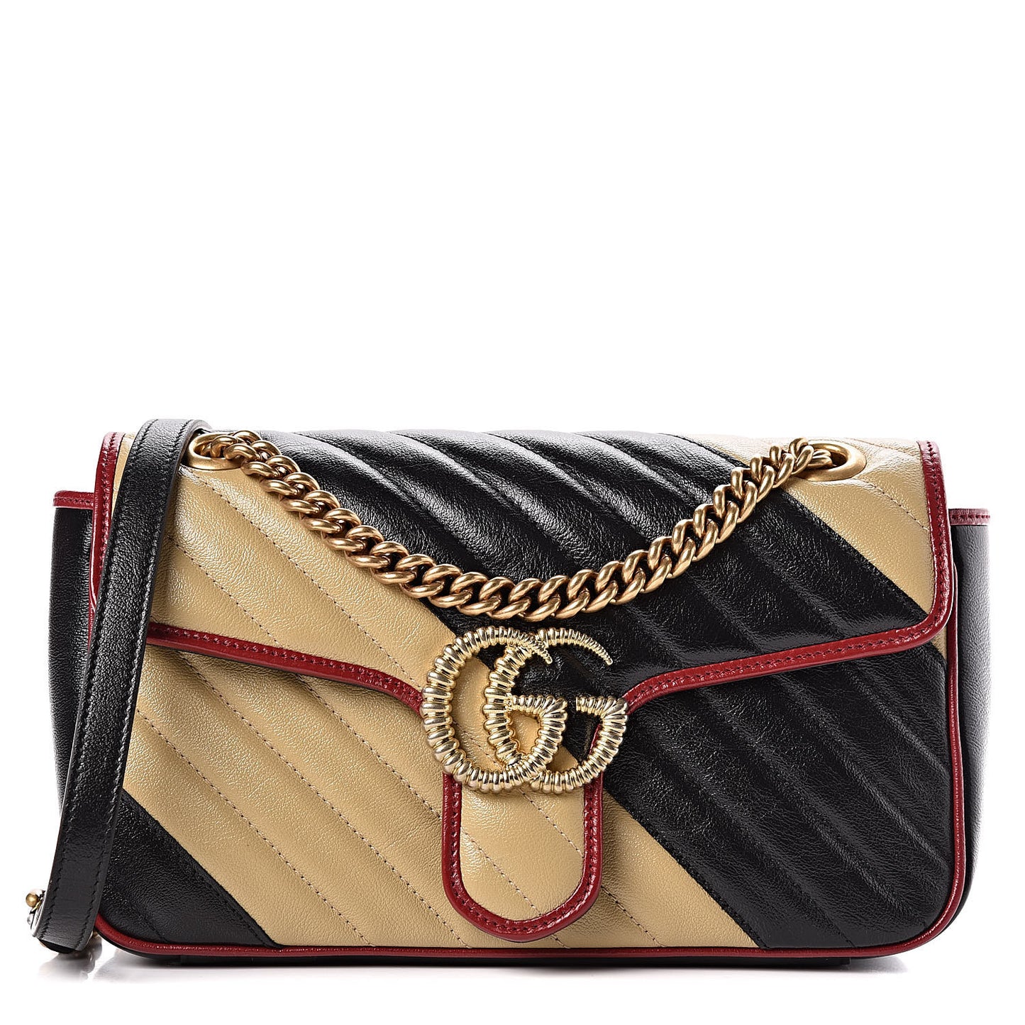 Vintage Effect Calfskin Matelasse Diagonal Striped Small Torchon GG Marmont Shoulder Bag Black Beige