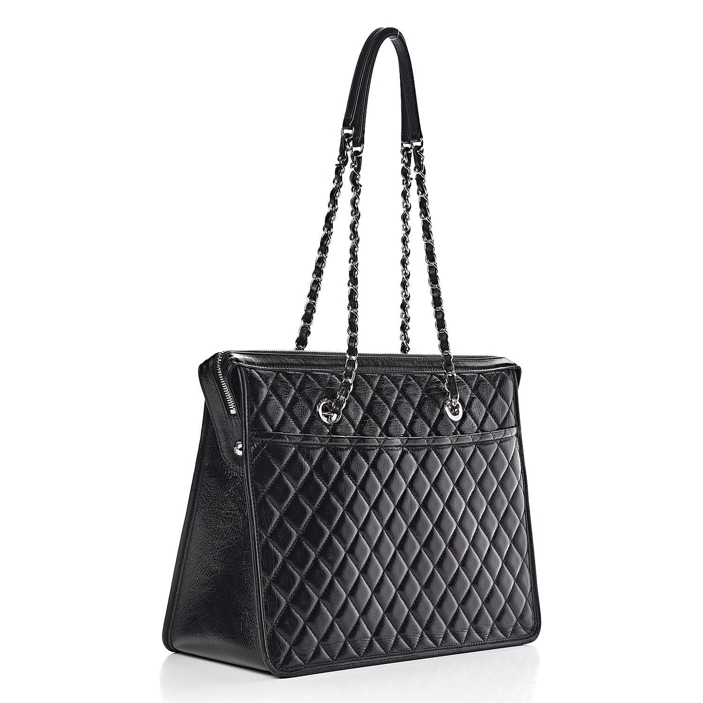 Glazed Calfskin Quilted Large Shopping Tote Black