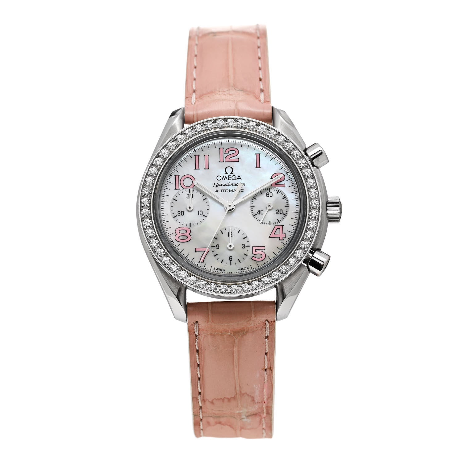 Omega Stainless Steel Alligator Diamond Bezel Mother of Pearl 35.5mm Speedmaster Chronograph Automatic Watch 3835.70.36 1 of 4