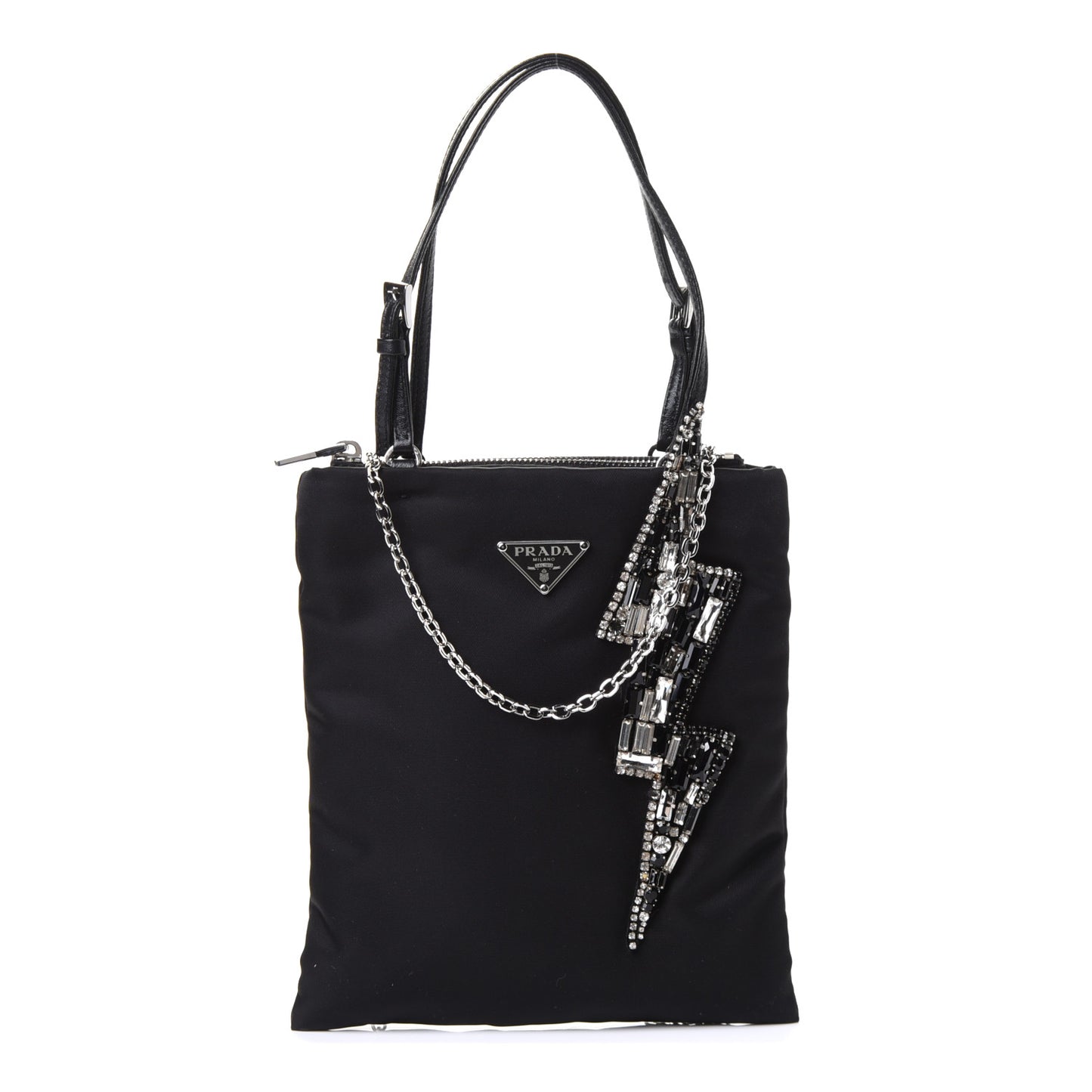 Tessuto Nylon Crystal Metal Triangle Logo Lightning Chain Shopping Tote Black