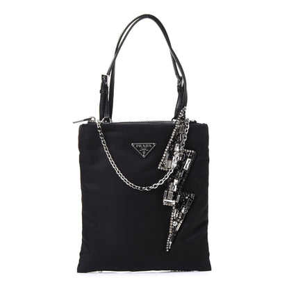 Prada Tessuto Nylon Crystal Metal Triangle Logo Lightning Chain Shopping Tote Black 1 of 4