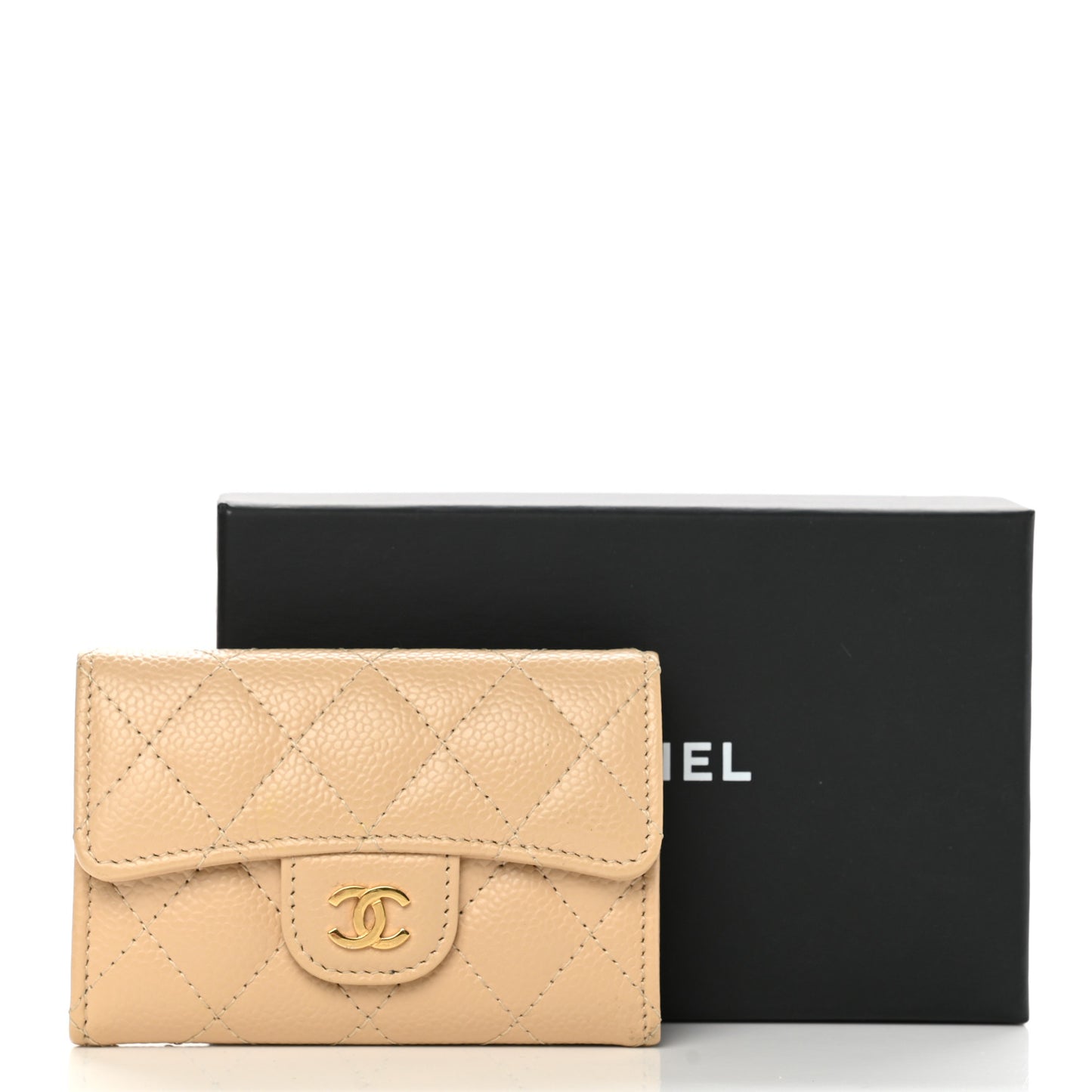 Caviar Quilted Flap Card Holder Wallet Beige
