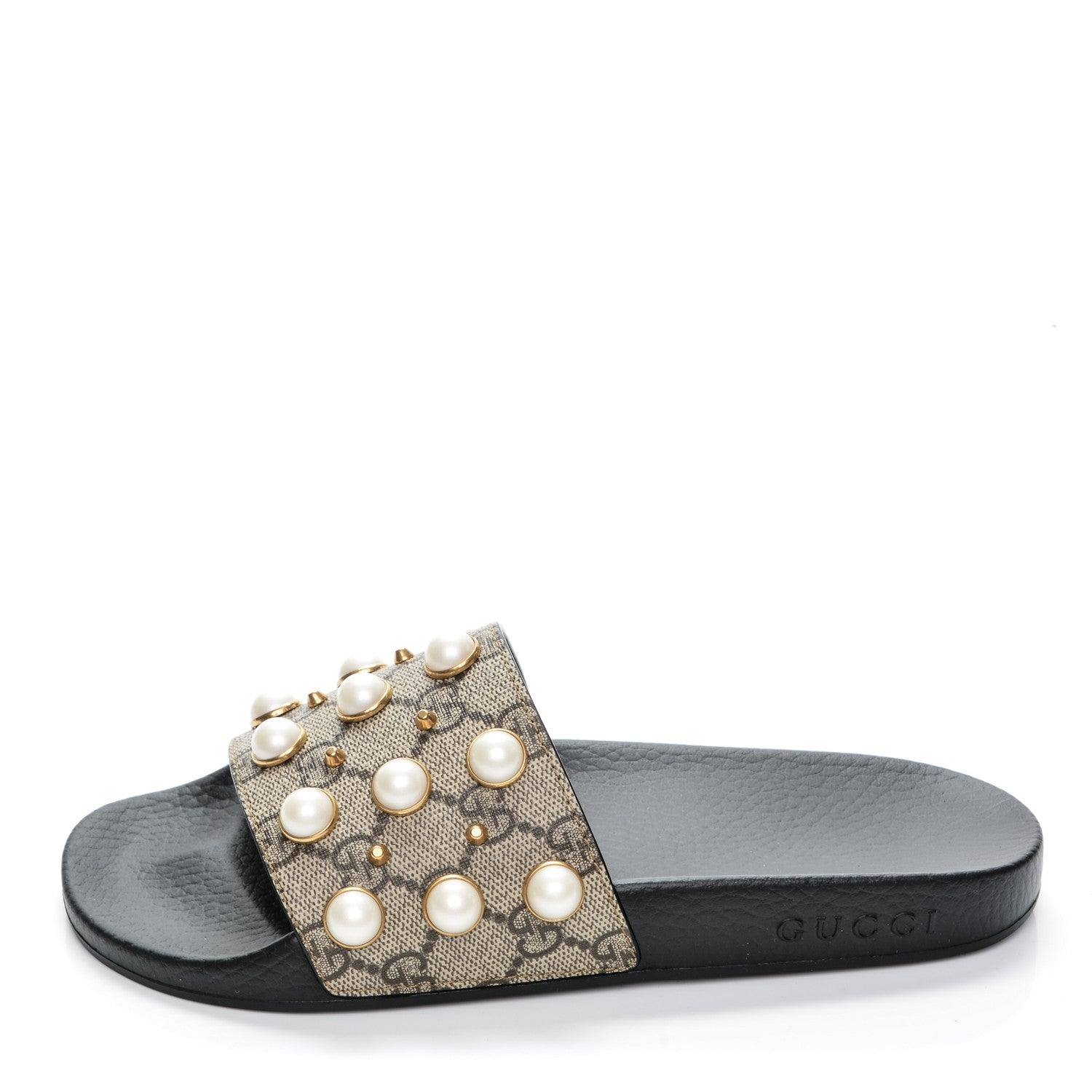 Gucci GG Supreme Monogram Pearls Slide Sandals 37 Beige 1 of 7