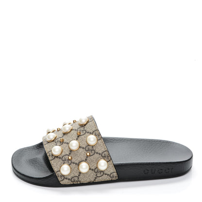 Gucci GG Supreme Monogram Pearls Slide Sandals 37 Beige 1 of 7