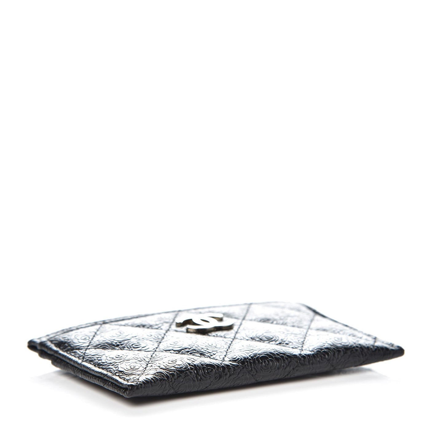 Calfskin Camellia Embossed Quilted Card Holder Black