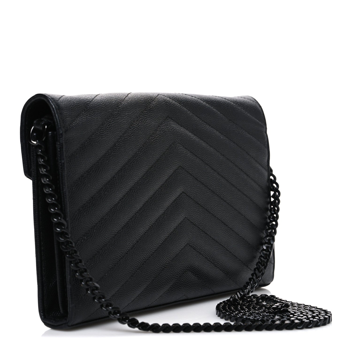 Saint Laurent Grain De Poudre Matelasse Chevron Monogram Monochrome Envelope Chain Wallet Black 3 of 9