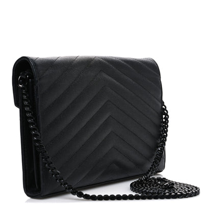 Saint Laurent Grain De Poudre Matelasse Chevron Monogram Monochrome Envelope Chain Wallet Black 3 of 9
