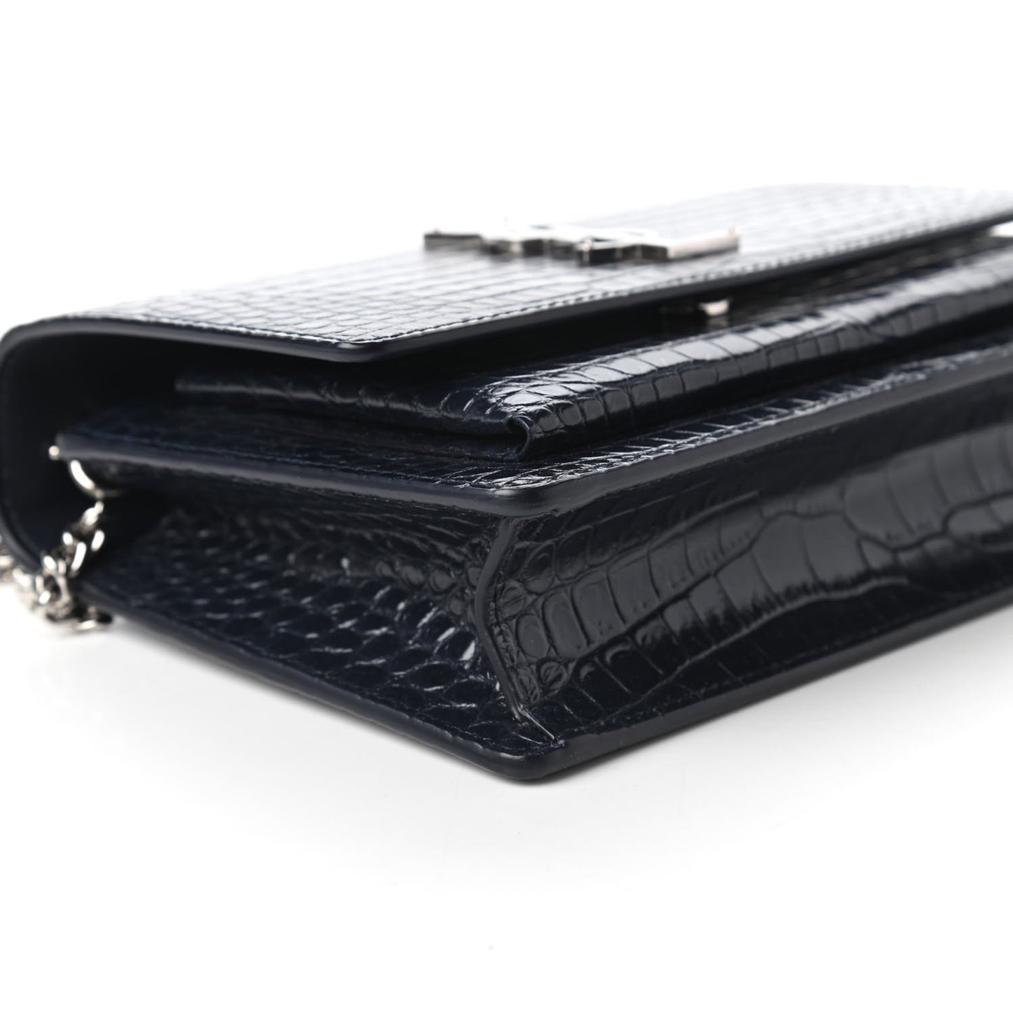 Calfskin Crocodile Embossed Monogram Sunset Chain Wallet Navy