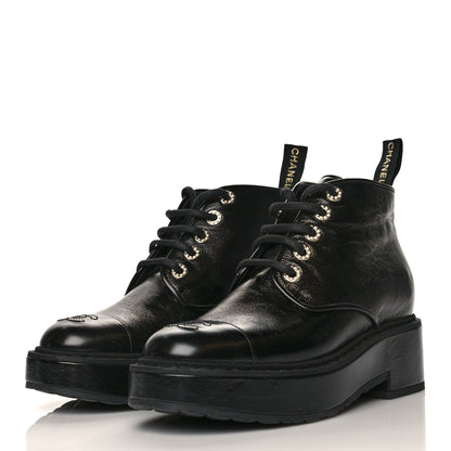Chanel Shiny Calfskin Pearl Lace Up Combat Short Boots 38 Black 3 of 9