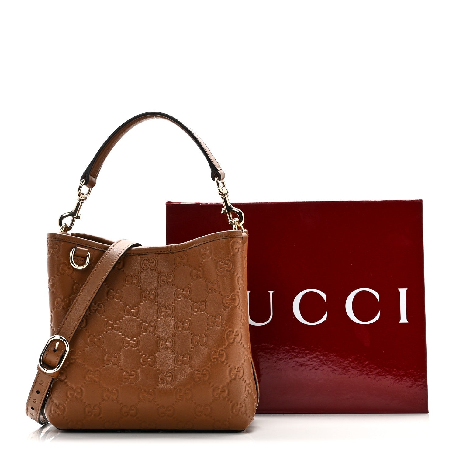 Gucci GG Calfskin Embossed Emblem Small Bucket Bag Brown 10 of 10