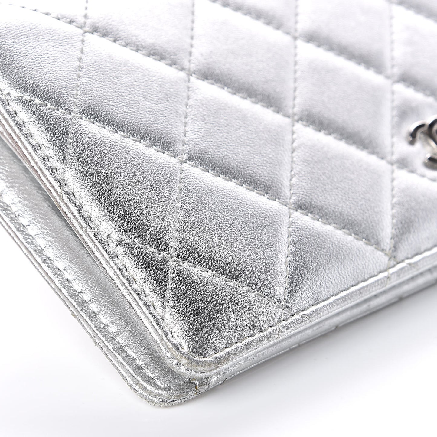 Metallic Calfskin Quilted Yen Wallet Dark Silver