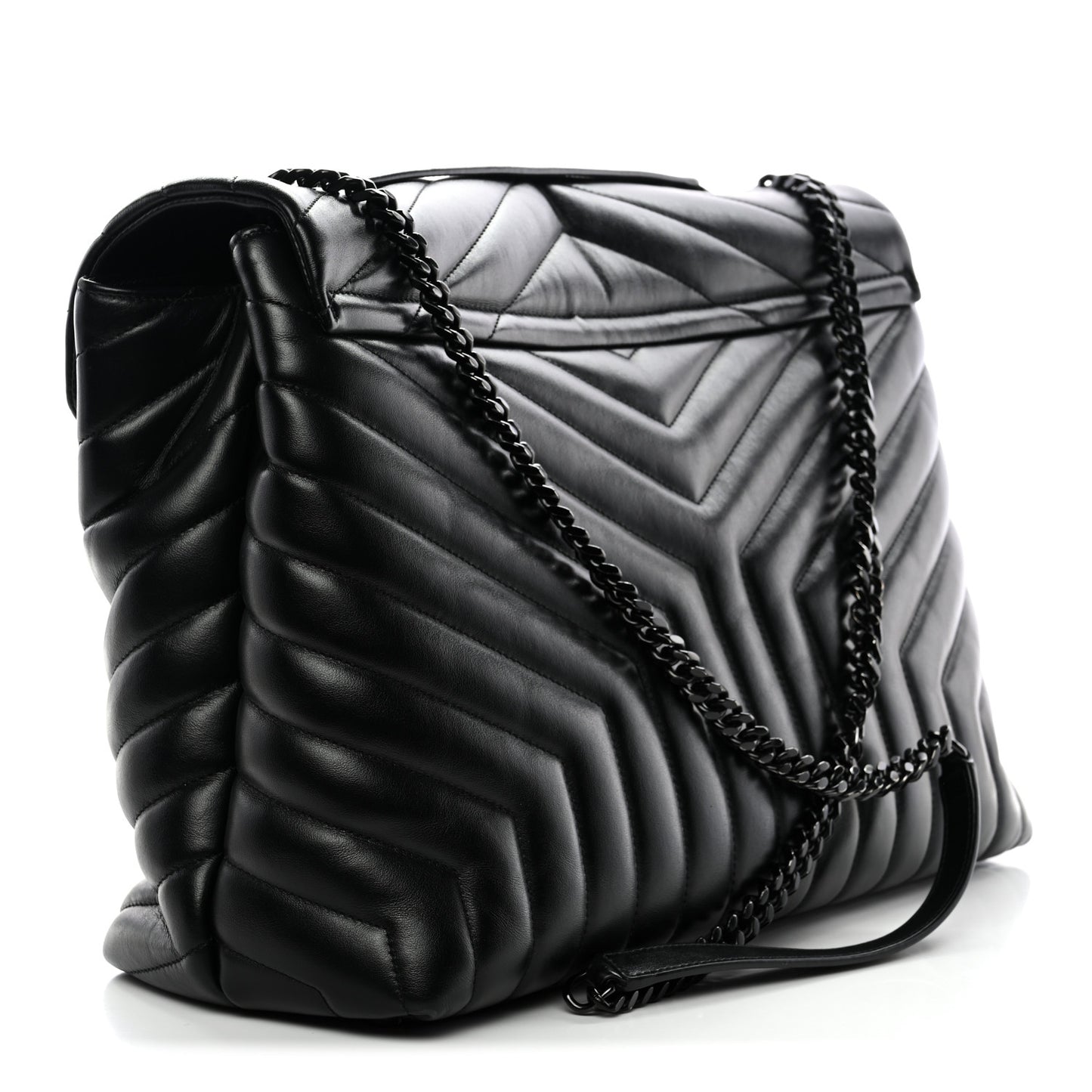 Calfskin Y Quilted Monogram Monochrome Large Loulou Chain Satchel Black