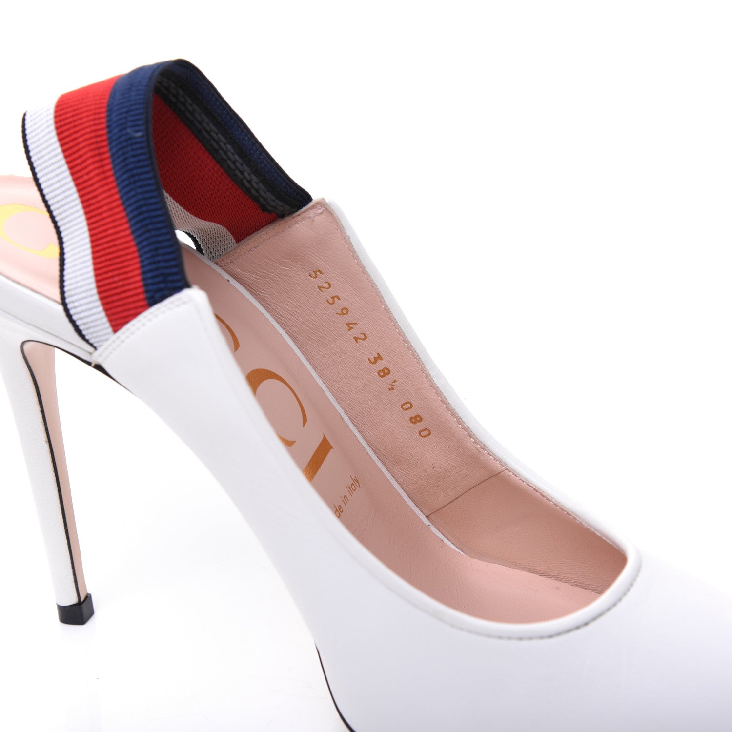 Gucci Malaga Kid Web Sylvie High Heel Slingback Pumps 38.5 White 8 of 18