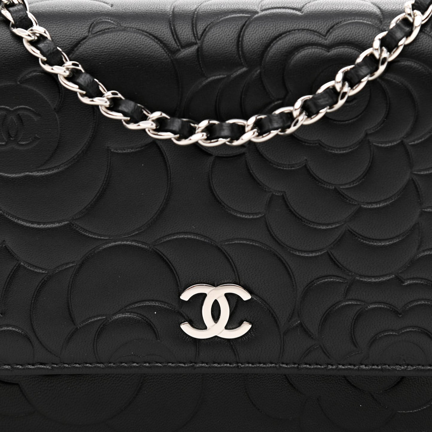 Lambskin Camellia Embossed Wallet on Chain WOC Black