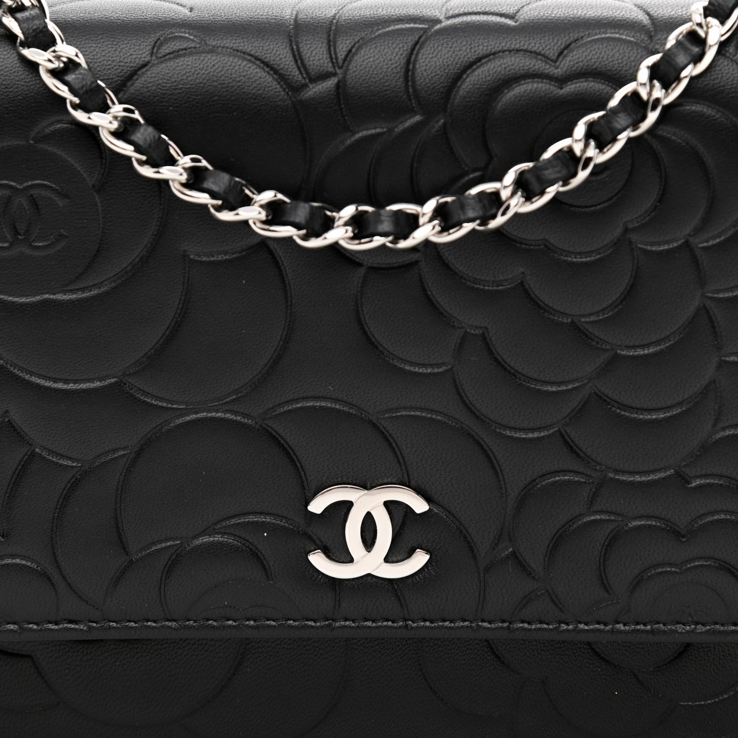 Chanel Lambskin Camellia Embossed Wallet on Chain WOC Black 9 of 12