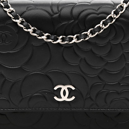 Chanel Lambskin Camellia Embossed Wallet on Chain WOC Black 9 of 12