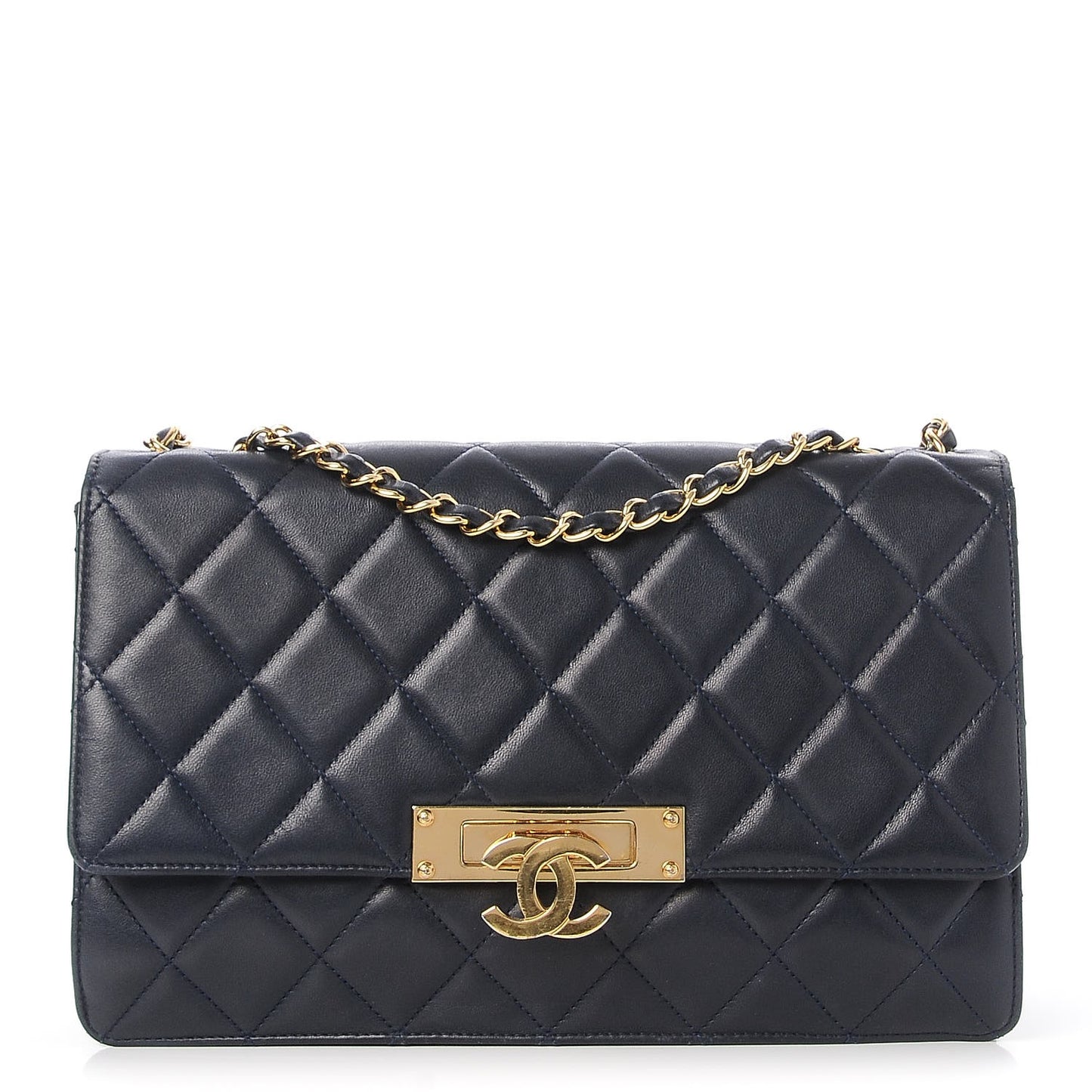 Lambskin Quilted Large Golden Class Flap Navy
