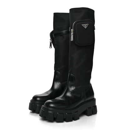 Prada Spazzolato Rois Re-Nylon Metal Triangle Logo Monolith Pouch Pocket 55mm Tall Boots 38 Black 3 of 10