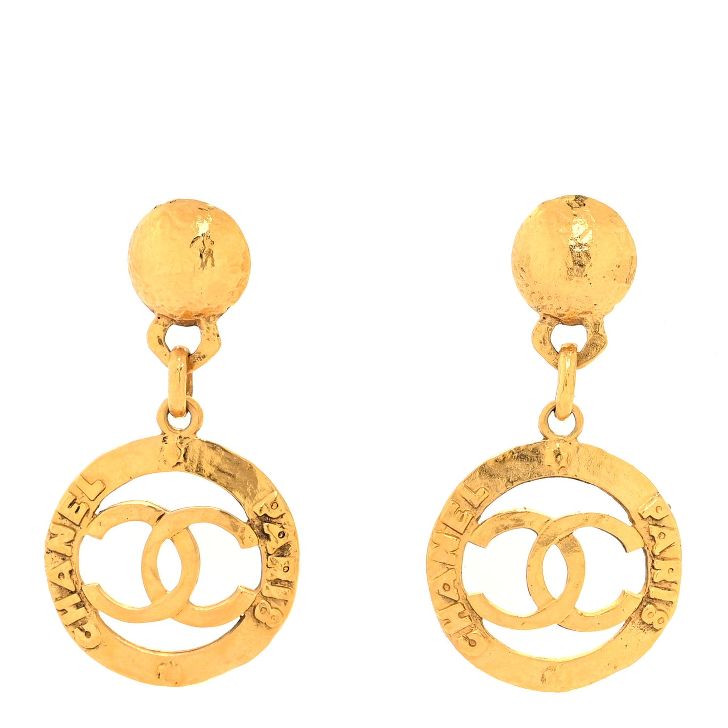 Metal CC Circle Logo Drop Clip On Earrings Gold